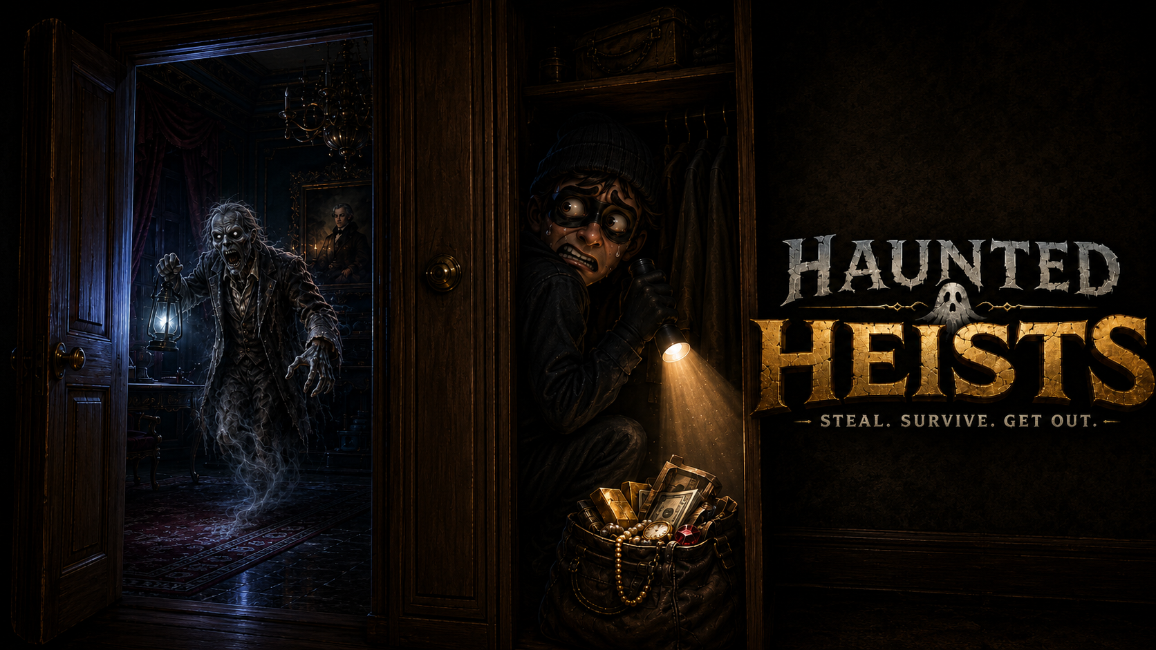 Haunted Heists title screen showing a panicked thief hiding from a ghost